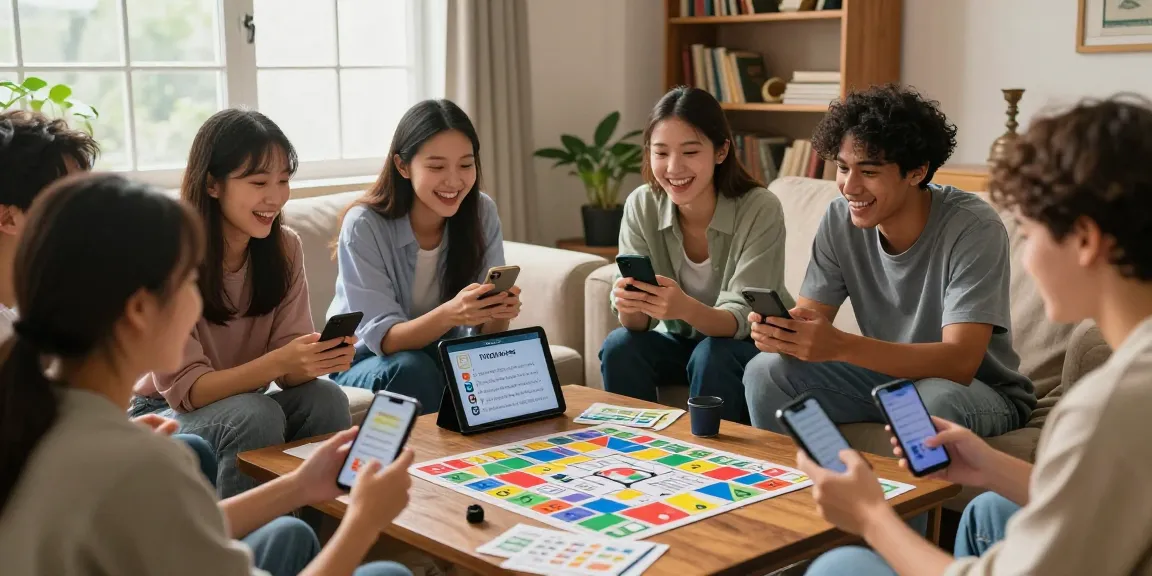 Quiz Allgemeinwissen mit Freunden in gemütlicher Atmosphäre, Smartphones und Tablets in der Hand.