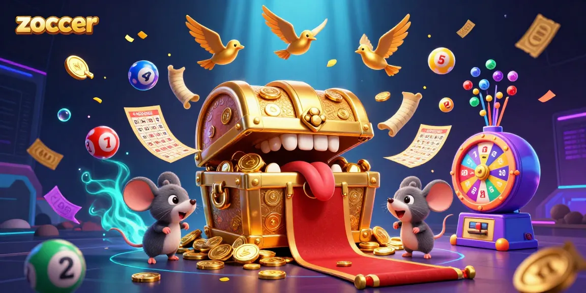 Zoccer casino adventure featuring a treasure chest mimic, colorful lottery balls, and vibrant winning elements.