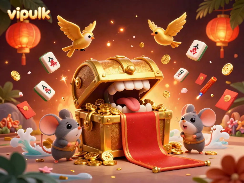 Experience thrilling gameplay at Vipluck Casino with this vibrant illustration of treasure and excitement.