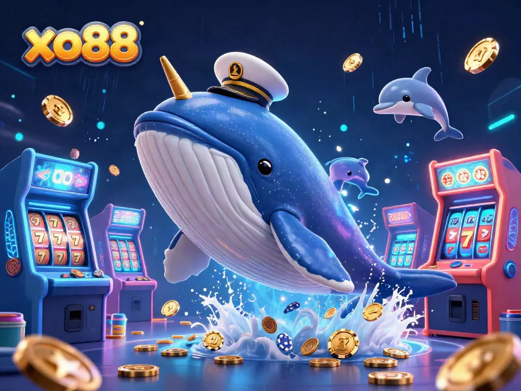 Experience excitement at xo88 with a cartoon whale and casino games in a vibrant 3D scene.