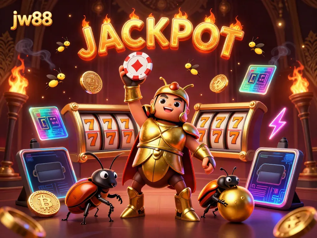 Experience winning moments at jw88 with a gladiator beetle lifting a poker chip surrounded by riches.