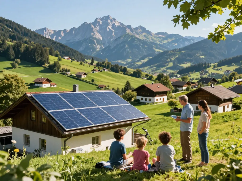 Photovoltaik Bayern: Familie erkundet Optionen für Solarpanels in der malerischen bayerischen Landschaft.