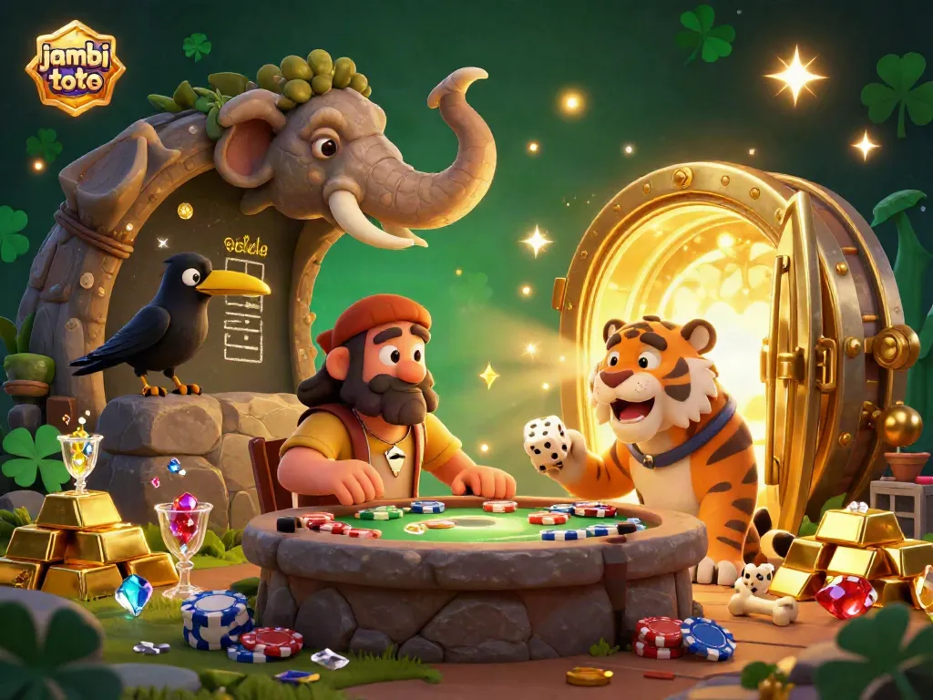 Experience thrilling gameplay at Jambi Toto with a lively illustration showcasing a caveman-run casino filled with treasure and excitement.