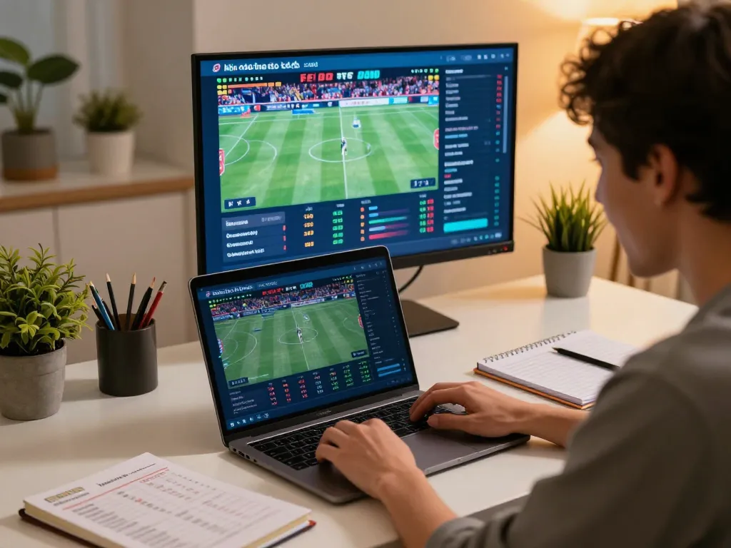 Engaging in kèo nhà cái trực tiếp via laptop in cozy home setup with sports betting