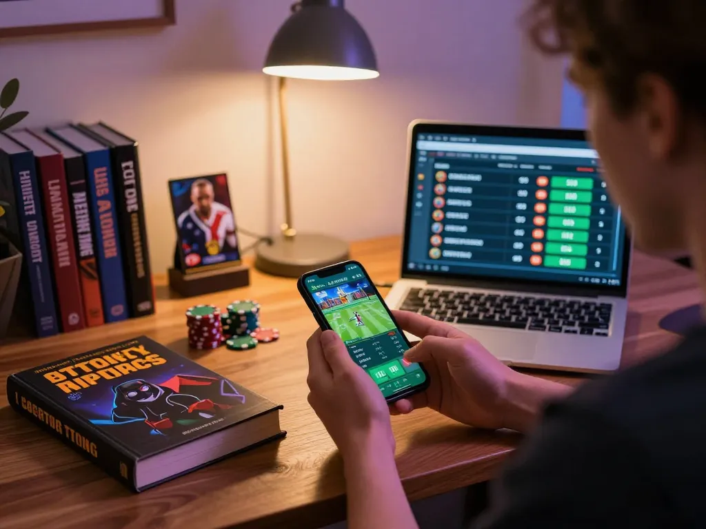 Person engaging with dagago's sports betting app on their smartphone at a stylish home desk