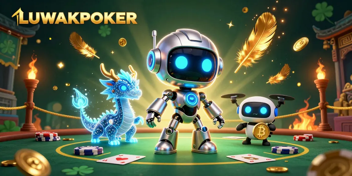 Experience LUWAKPOKER with a vibrant 3D illustration of a cyberpunk robot and poker elements.