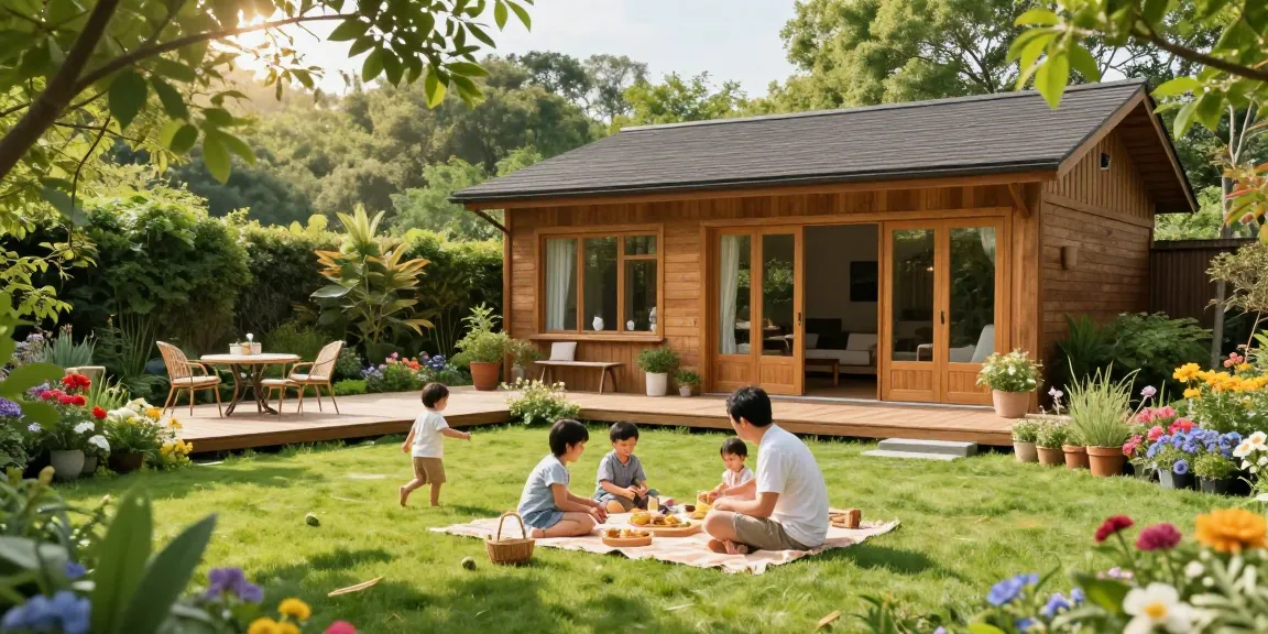 Wunderschönes Gartenhaus umgeben von blühenden Pflanzen und einer Familie, die im Freien entspannt. Gartenhaus bietet hohen Komfort und Qualität.