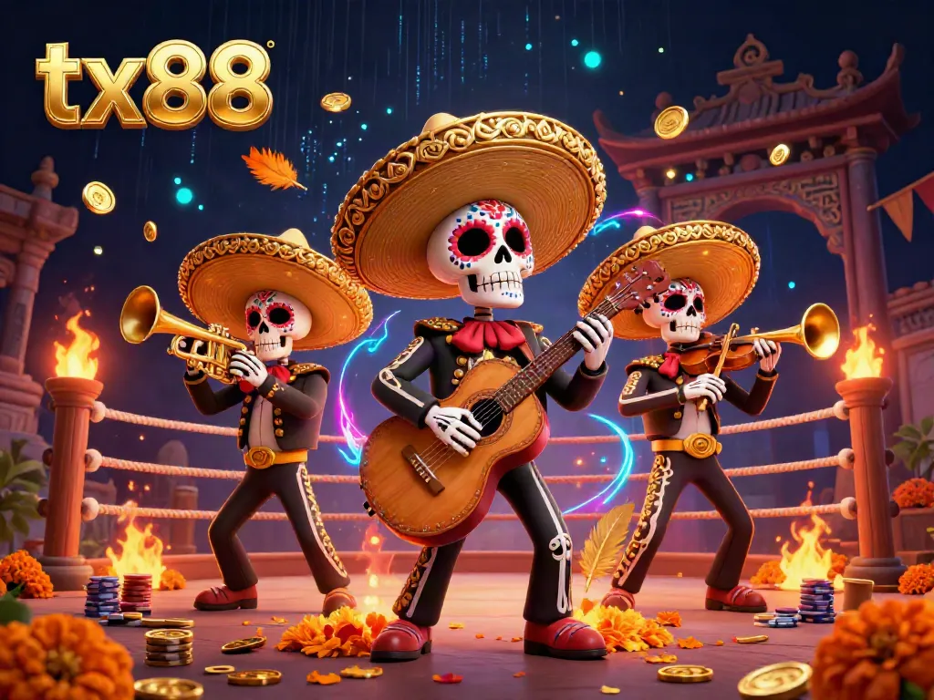 Experience exhilarating gaming with tx88's vibrant Day of the Dead mariachi band, surrounded by dynamic casino elements.