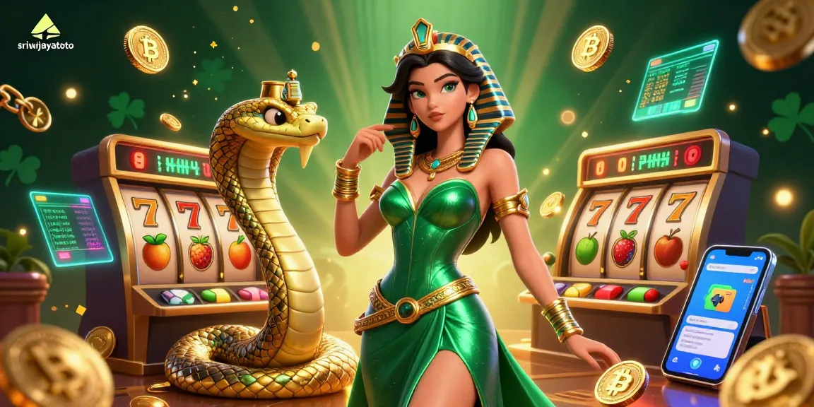 Sriwijayatoto showcases vibrant casino elements, featuring a glamorous woman and golden cobra in a dynamic slot scene.