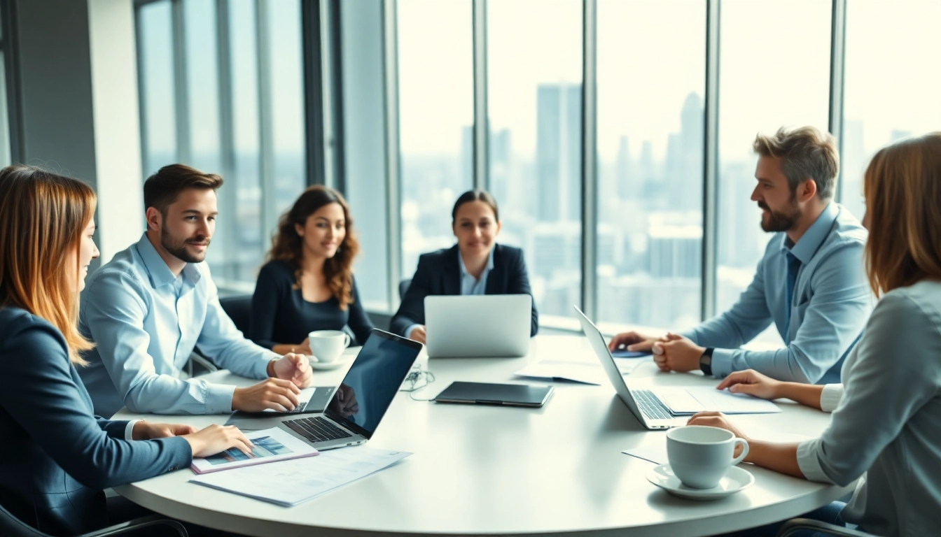 IT Consulting meeting with diverse professionals brainstorming strategies in a modern office.