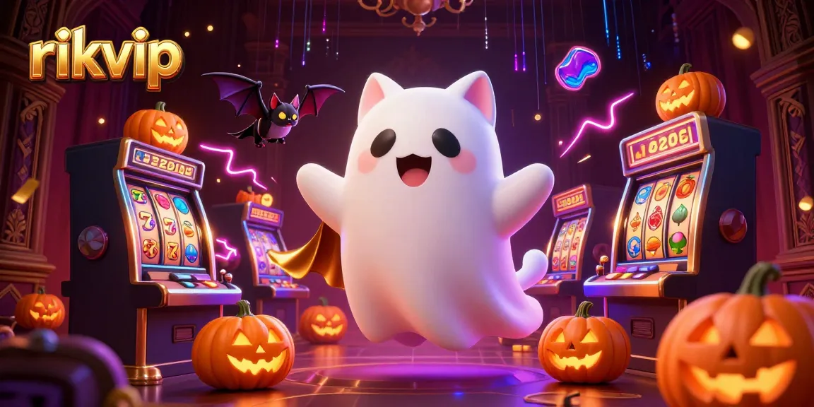 rikvip slot games illustrated with ghost cat, vampire bat, and glowing jack-o-lanterns