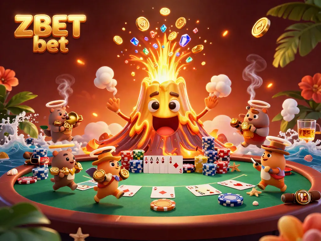 Experience the thrill of ZBET bet in a vibrant 3D casino scene with a golden volcano and treasure-hunting animals.