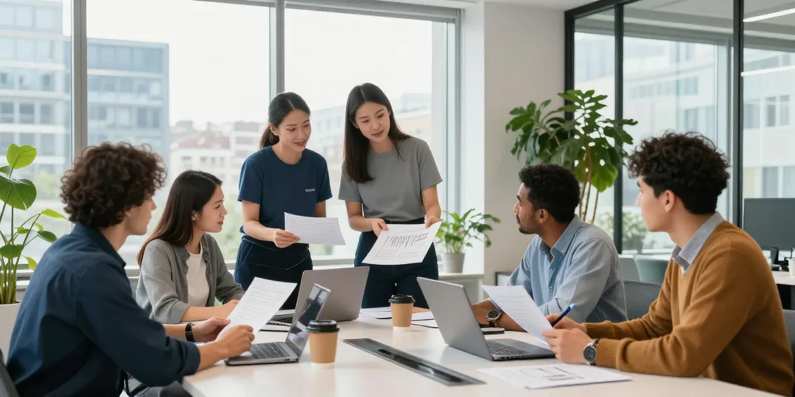 Reinigungsfirma Bern team collaborating in a modern office setting, showcasing professionalism and teamwork.