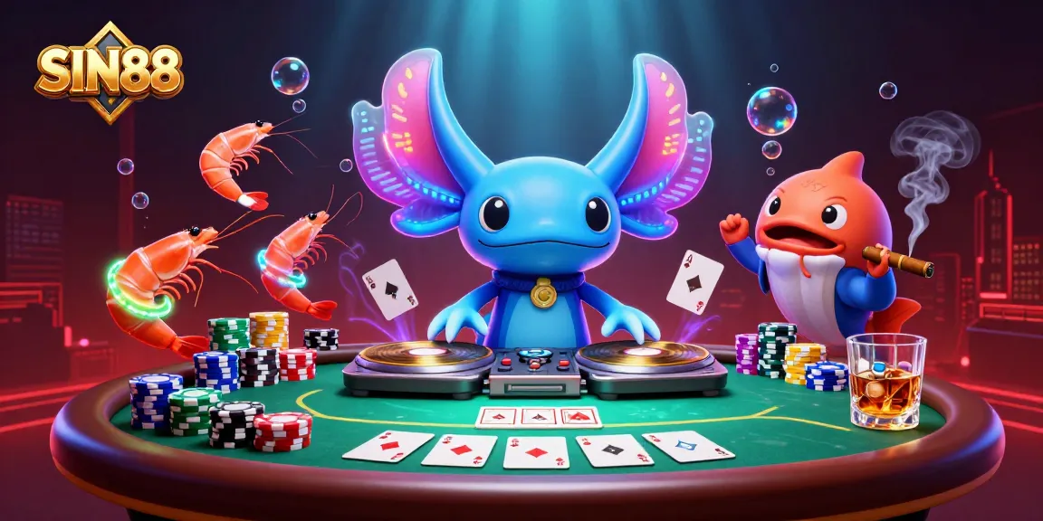 SIN88 features vibrant underwater casino scenes with animated characters and poker elements.