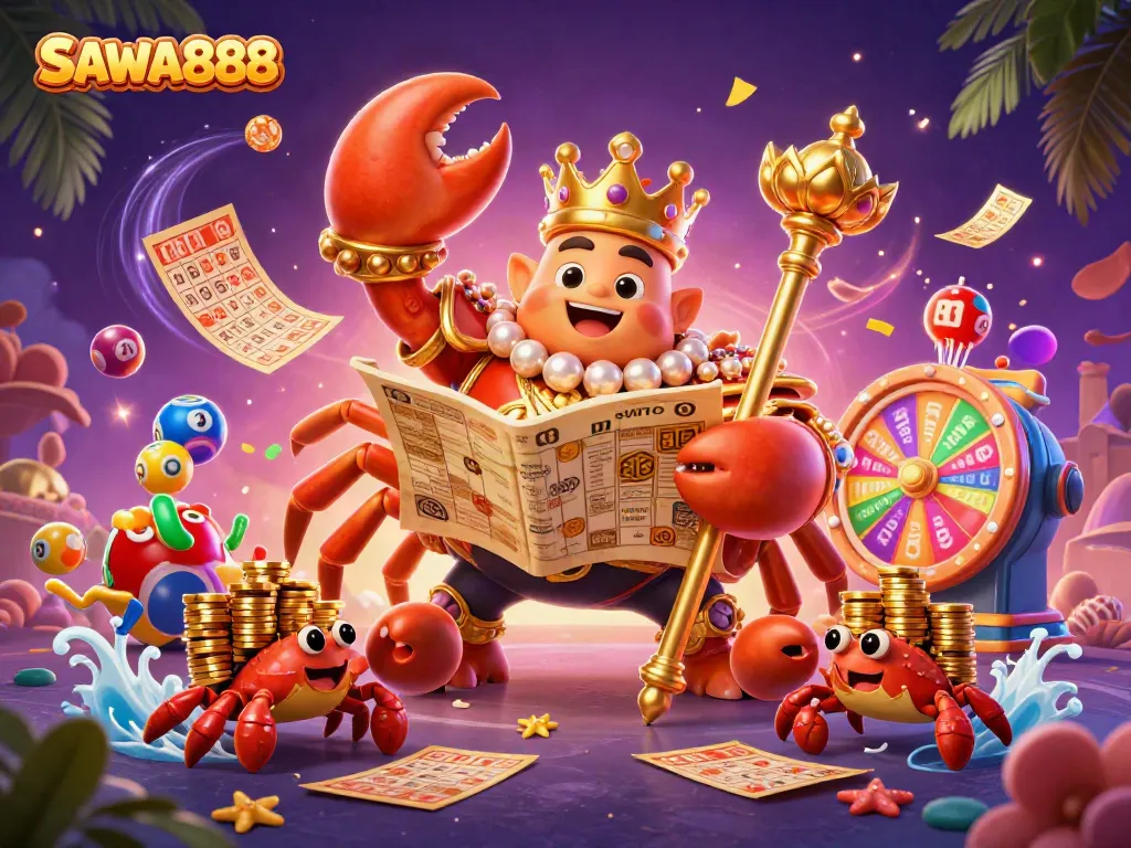 Experience gaming thrills at SAWA888 with vibrant 3D visuals showcasing a golden crab emperor and lottery elements.