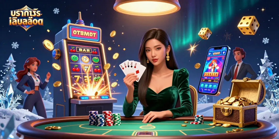 Experience ทดลองเล่นสล็อต with a photorealistic Asian woman at a poker table surrounded by dynamic casino elements.