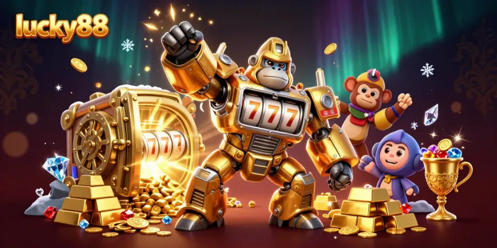 Experience the dynamic world of lucky88 with the golden gorilla mech amidst a treasure explosion.
