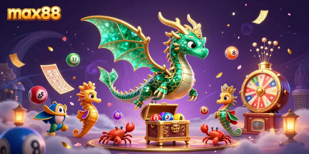 Experience max88's vibrant gambling world with a magical sea dragon, lottery elements, and treasure.