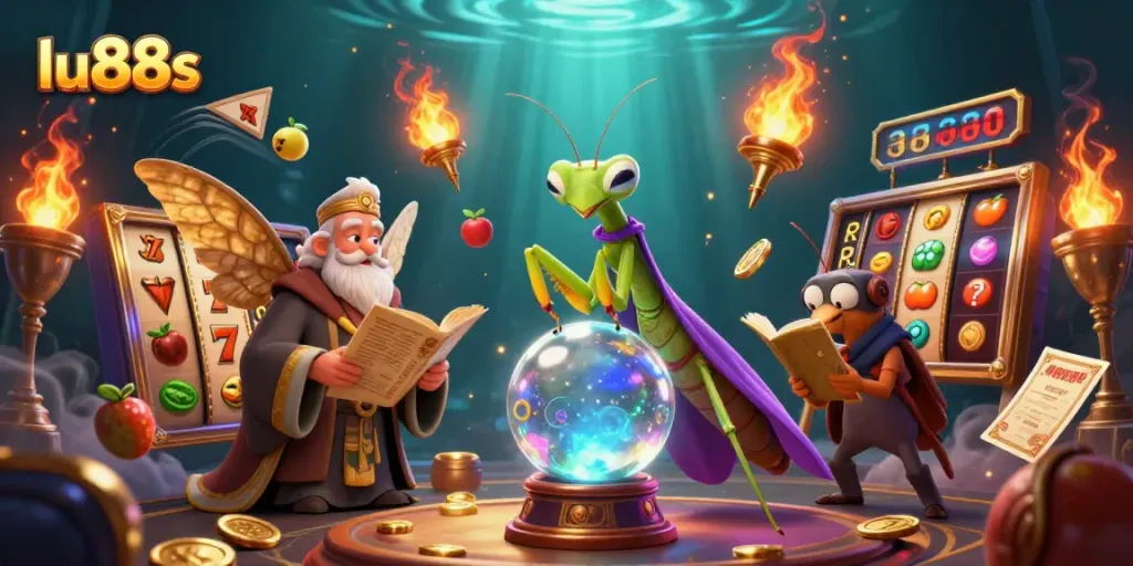 Experience thrilling jackpot wins with lu88s illustrated by fortune tellers and casino elements.
