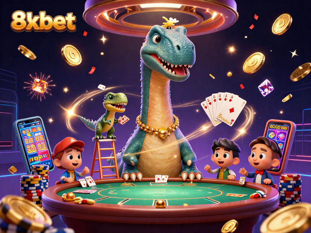Experience excitement at 8xbet with a vibrant casino scene featuring dynamic characters and rich gameplay elements.