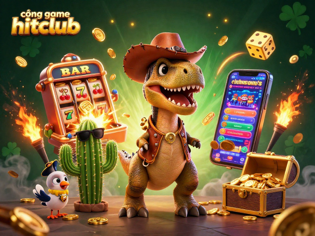 Engage with "cổng game hitclub" in a vibrant 3D casino scene filled with animated jackpots and winning symbols.