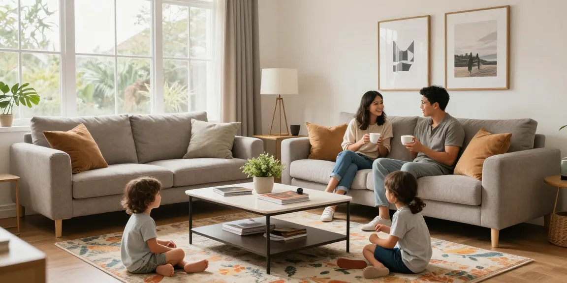 Entdecken Sie stilvolle Möbeloptionen für möbel günstig kaufen in einem modernen Wohnambiente mit einer Familie, die Entspannung genießt.