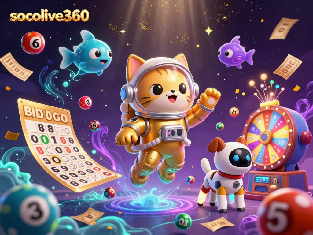 Engage in thrilling gameplay with socolive360, featuring vibrant lottery elements and astronaut characters.