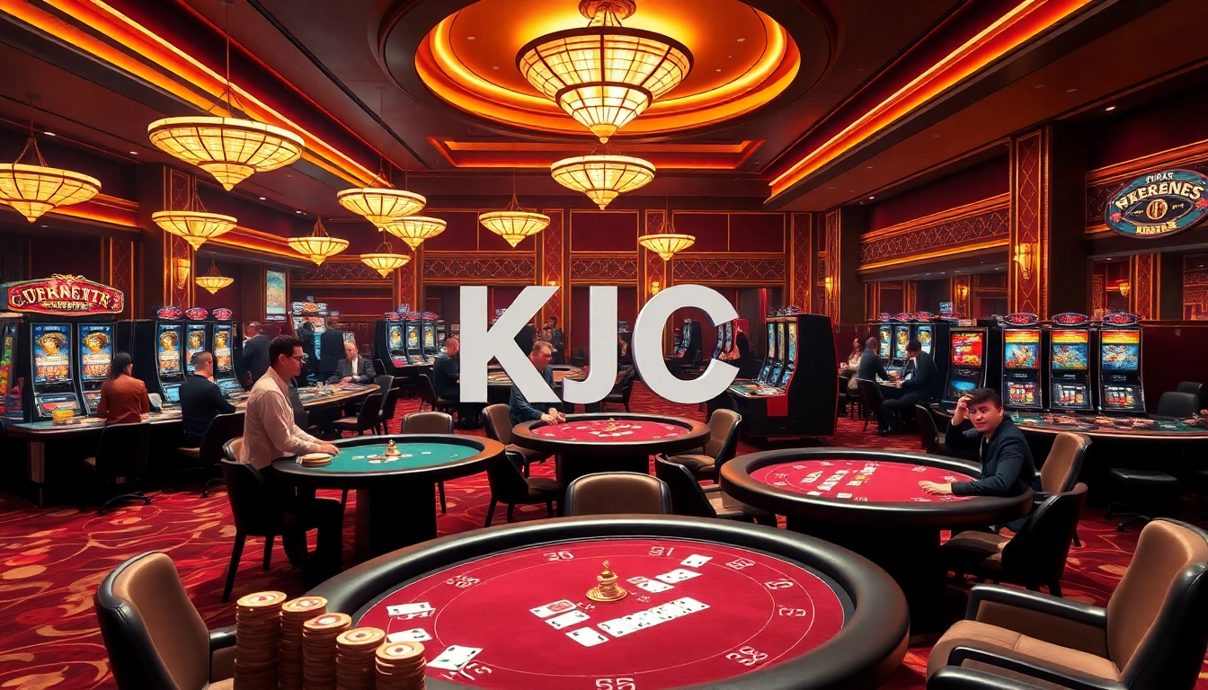 KJC casino scene with excited players at poker tables and vibrant gaming atmosphere.