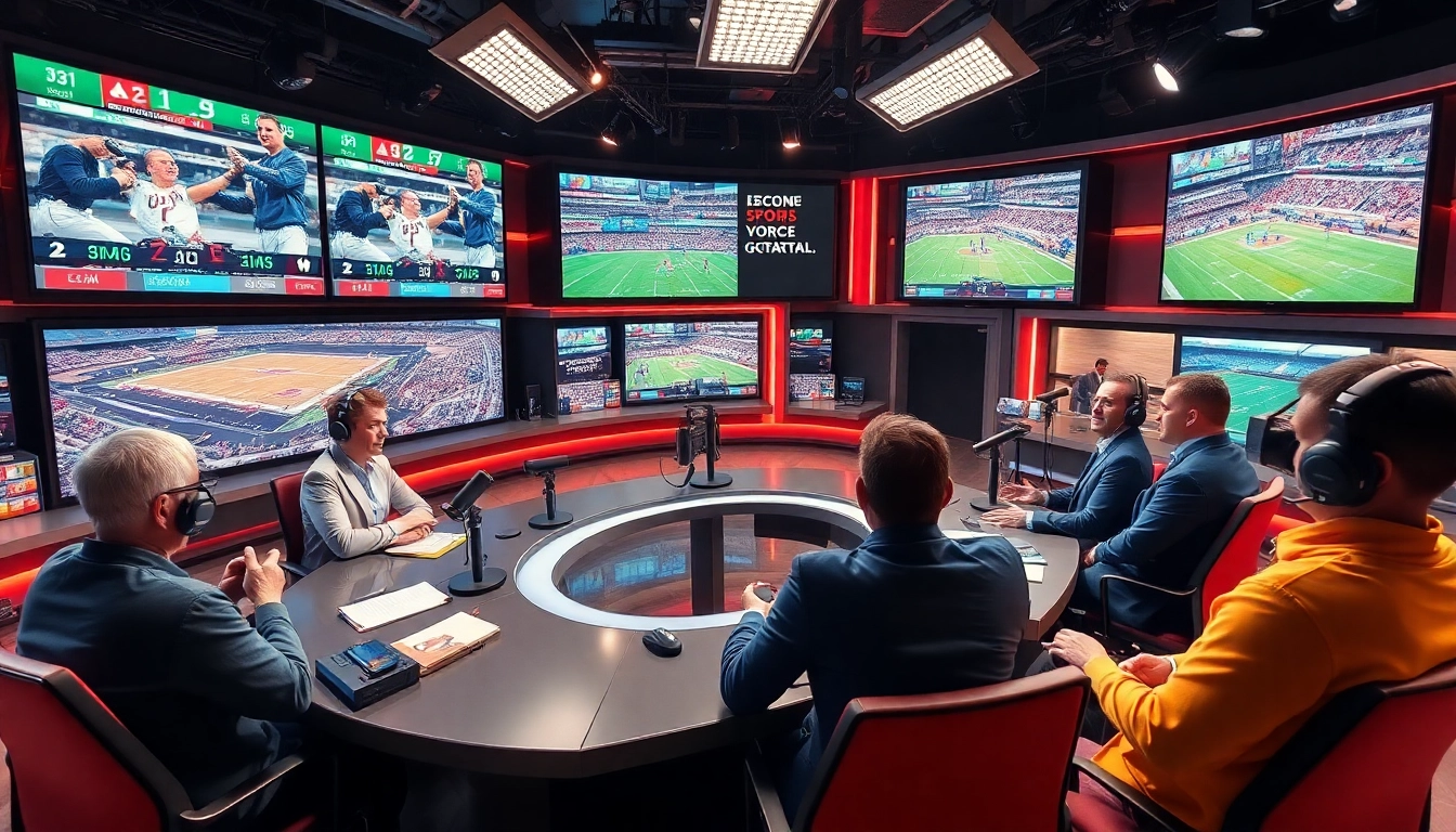 Hosts engaging in sports broadcasting with high-tech studio elements and live visuals.