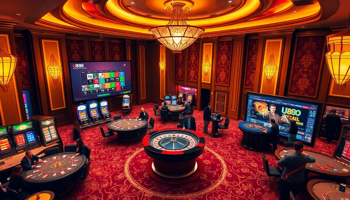 Engage with Nhà cái U888 in a vibrant casino scene featuring tables and exciting games.