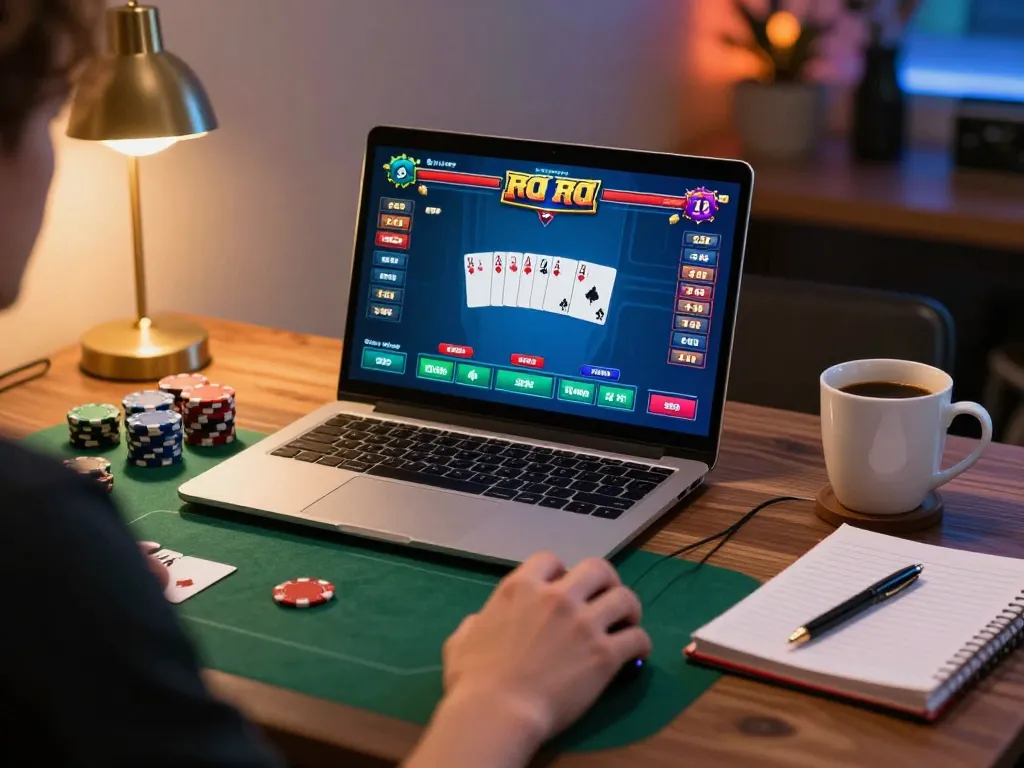 Engaged player enjoying poker on vipwin.com with strategic notes and vibrant game interface.