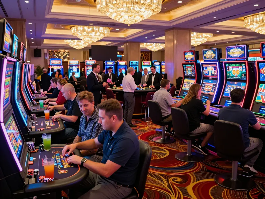 Playing lively slot machines at go8.com casino, vibrant atmosphere with colorful lights and players