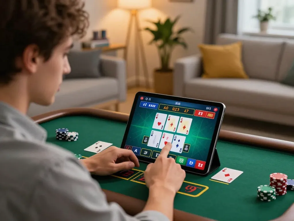 Player placing a strategic bet at lc88.com while engaging with a live blackjack game on a tablet at home.