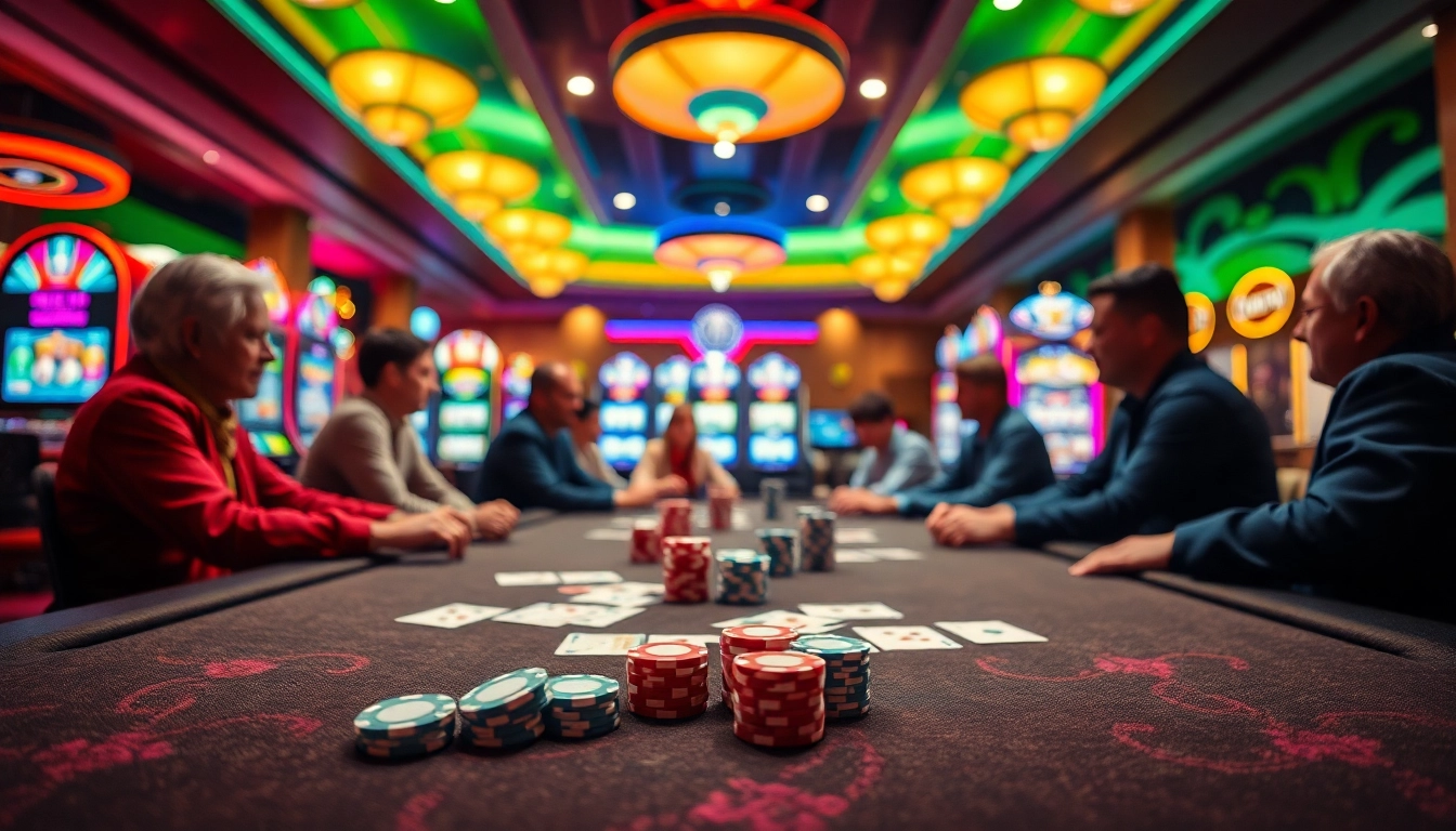 Casino atmosphere with players at a poker table showcasing casinospielen.de's thrilling gaming experience.