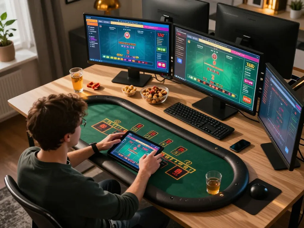 Person engaging in online gaming at 23Win, showcasing live dealer blackjack on tablet in a cozy home office setting.
