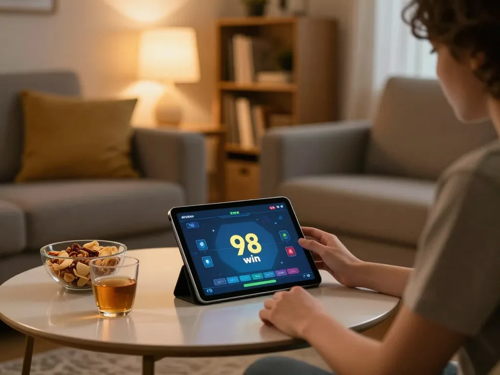 Experience thrilling gameplay with 98 win as a person enjoys online casino gaming on a tablet in a cozy home.