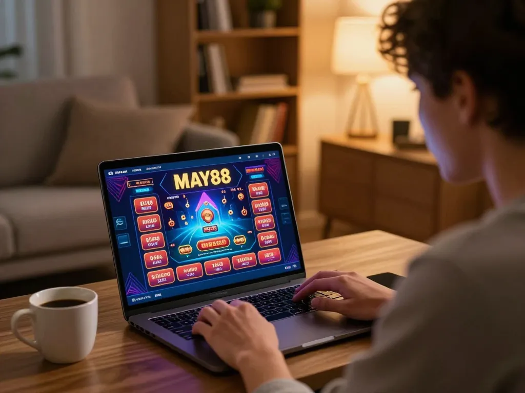 MAY88 user enjoying a strategic online casino session on laptop in a cozy home setting.