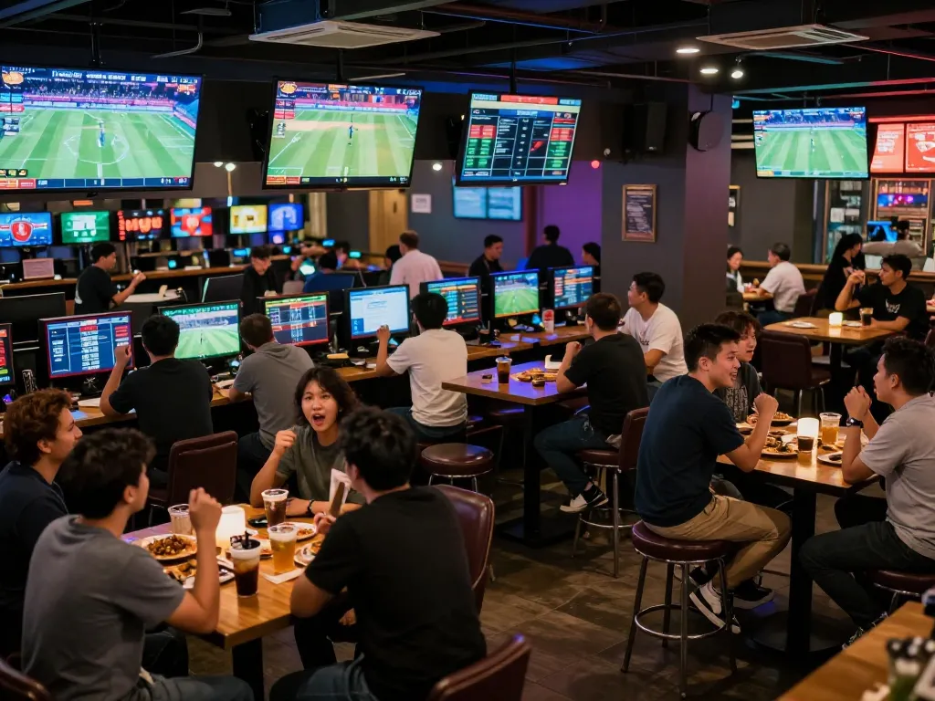 Kèo nhà cái sports betting scene with patrons analyzing strategies in a vibrant sports bar.