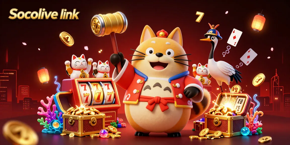 Socolive link showcases an engaging 3D cartoon scene of cheerful tanuki and fortune cats amidst vibrant gambling elements like slots, creating excitement.