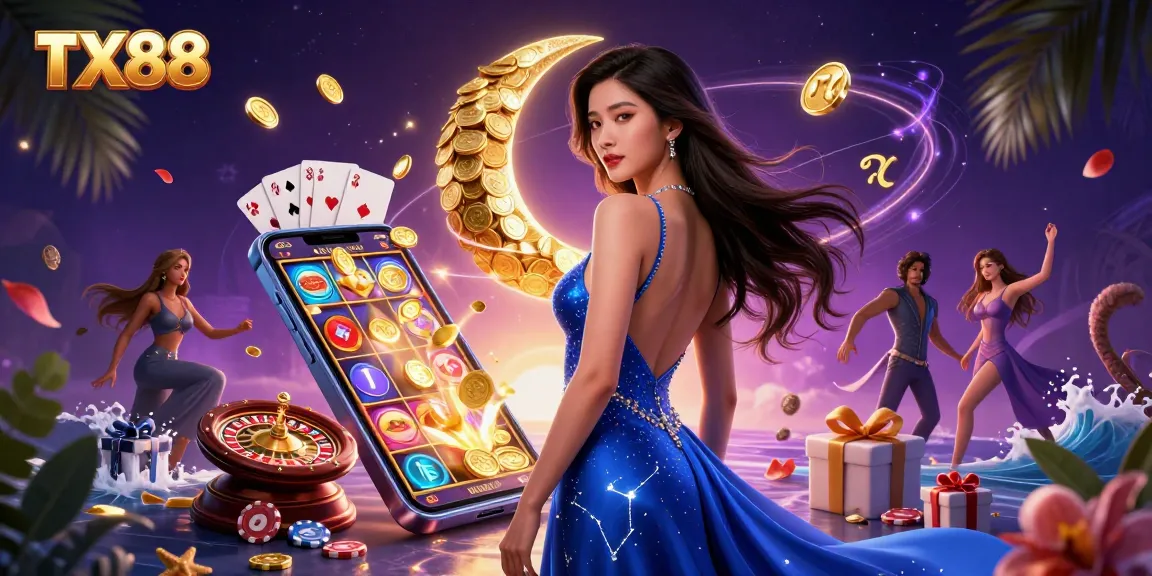 Engage with TX88's vibrant casino gaming scene filled with dynamic slot machines and casino elements.