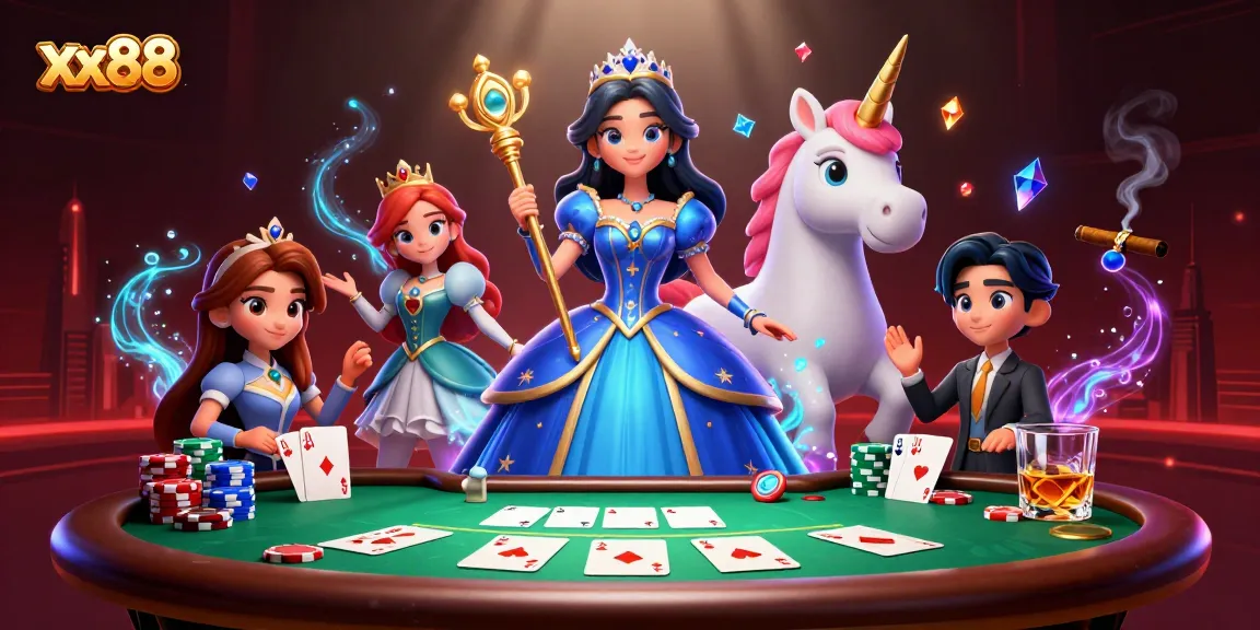 Win big with xx88's captivating poker scene featuring a glamorous lady and golden unicorn.