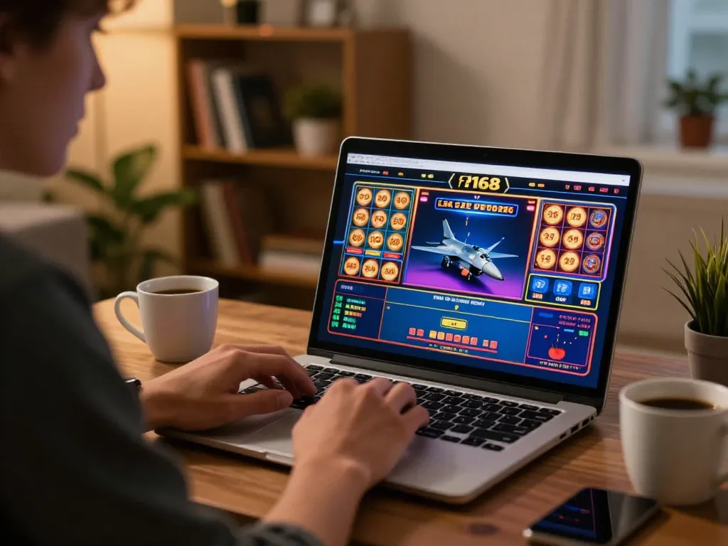 Experience f168 online gaming with a player engaged in a vibrant home casino setup.