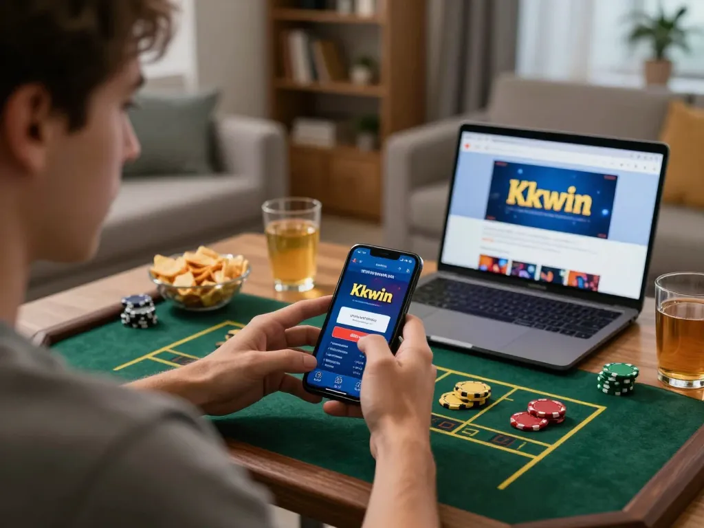 Kkwin player engaging with casino app on smartphone in cozy home setting