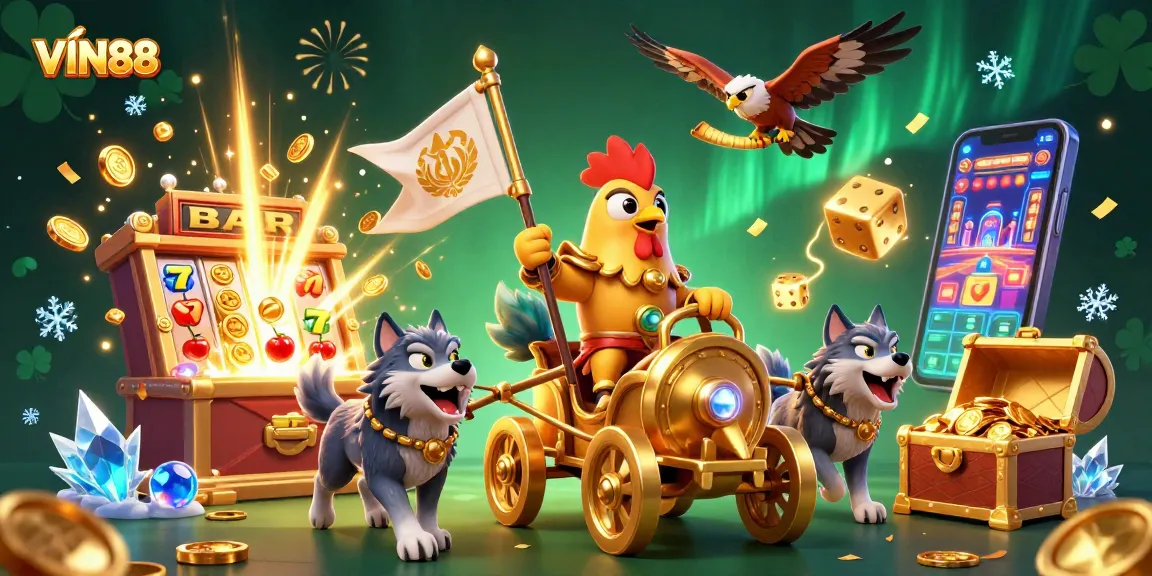 Experience the thrilling world of VIN88 with a dynamic scene showcasing a rooster warlord, gold chariot, and exploding slot machine.