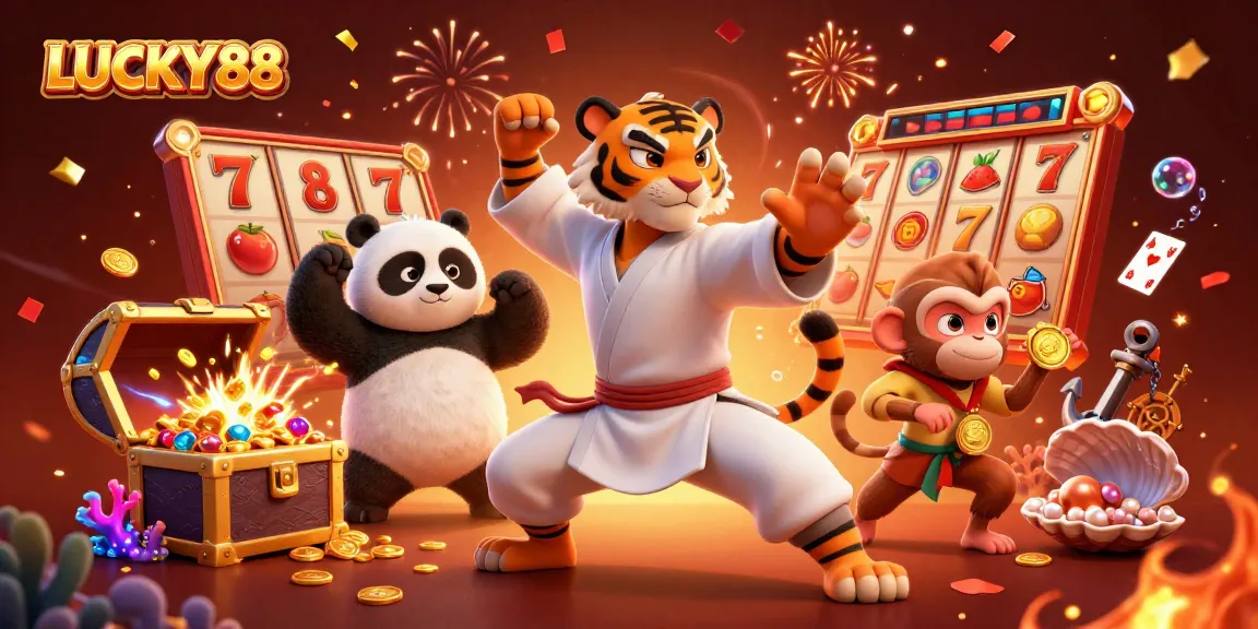 Experience the thrill of LUCKY88 slot with a kung fu tiger and playful characters in action.