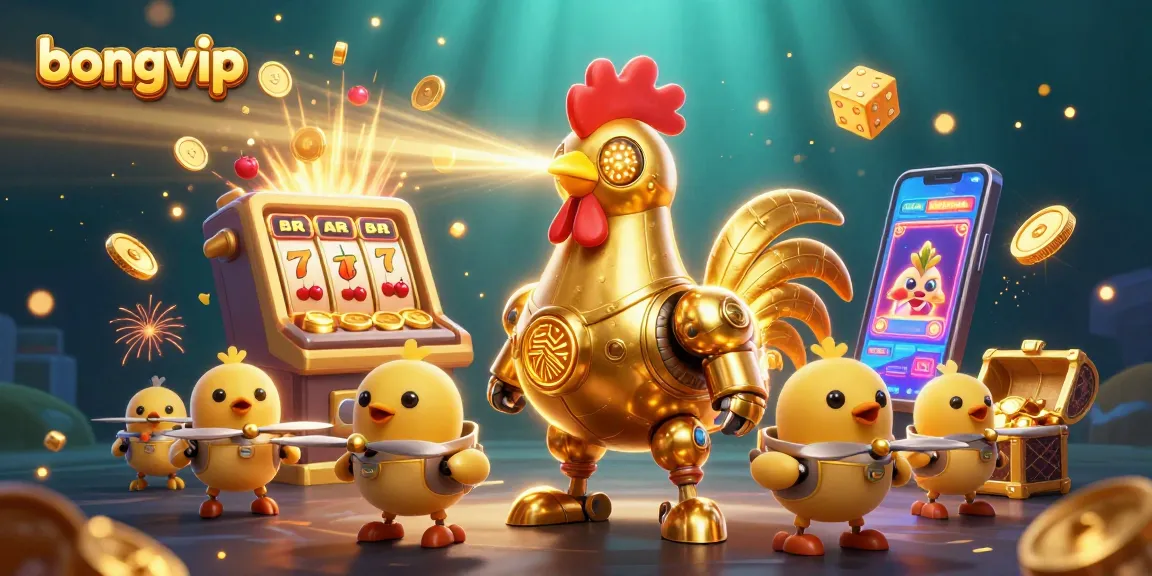 Bongvip delivers thrilling gaming excitement with a golden rooster robot and slot machines in an engaging casino scene.