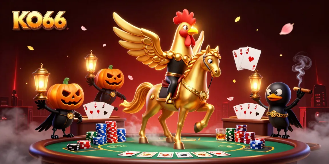 KO66 invites thrilling wins with its vibrant casino scene, showcasing a golden rooster in action.