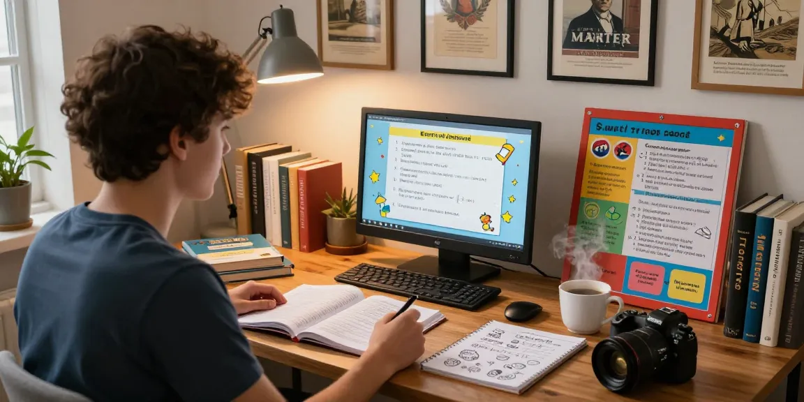 Quiz Allgemeinwissen scene showing a person studying trivia questions in a cozy study filled with books and knowledge.