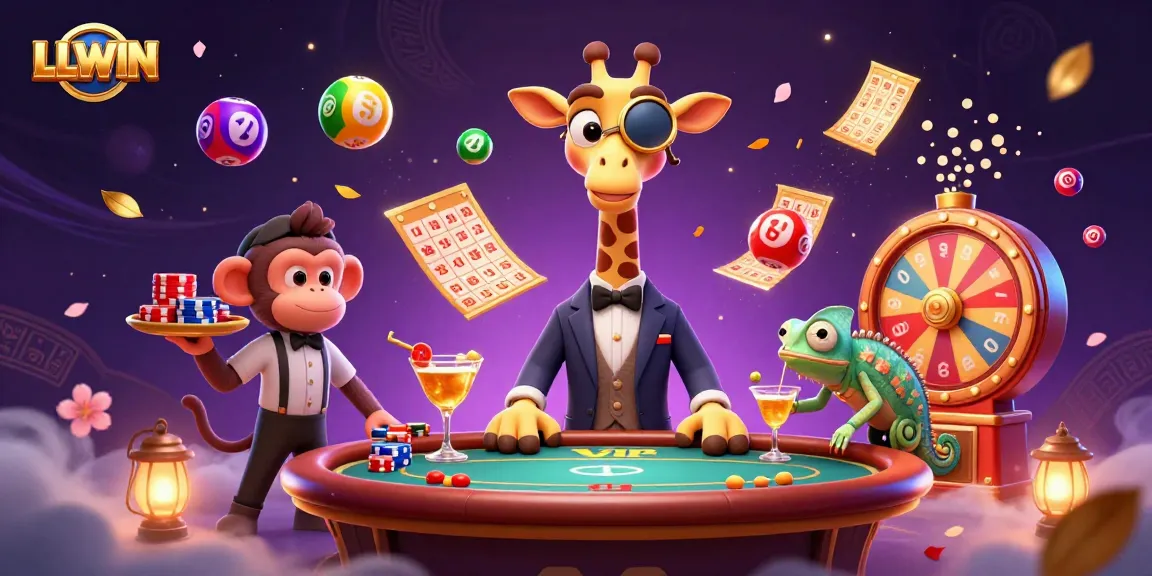 Experience the excitement of LLWIN with a high-roller giraffe and vibrant game elements in a lively casino scene.