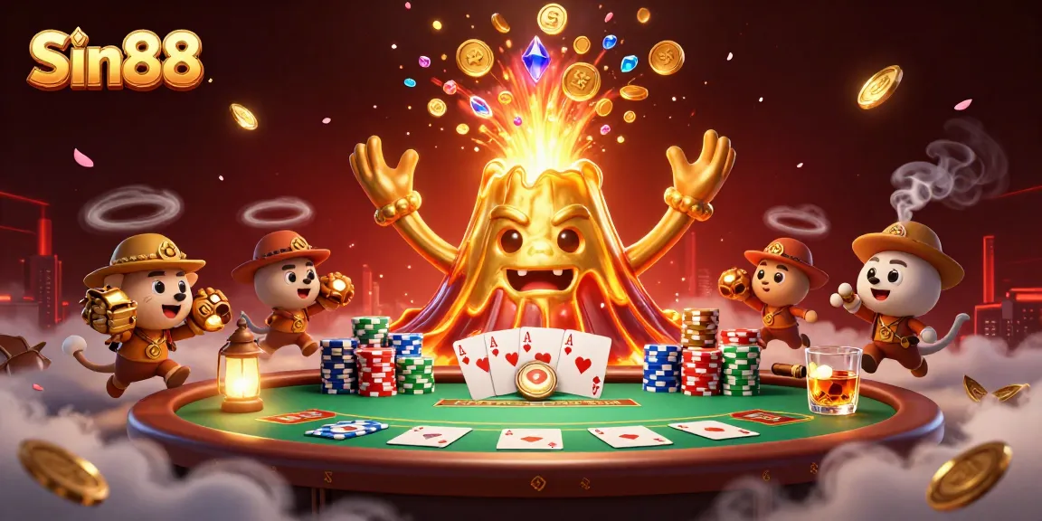 Sin88 captures the excitement of gaming with a dynamic volcano and treasure scene.